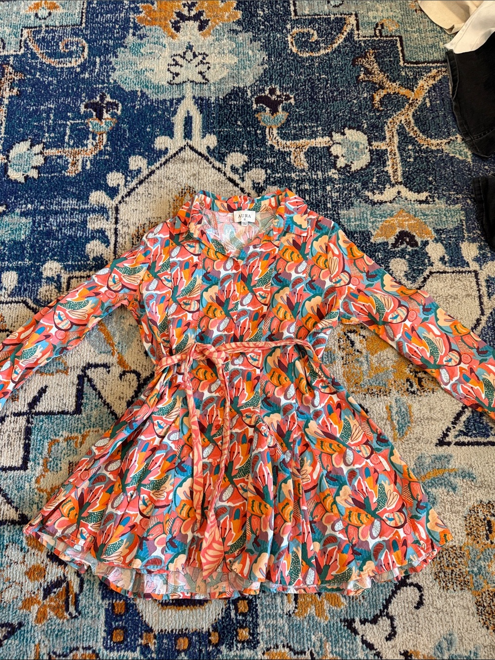 Aqua Girls' Multicolor Floral Belted Shirt Dress - Coral, Teal, Pink